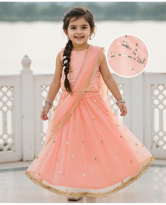 Babyhug Woven Sleeveless Choli Lehenga Set with Dupatta Sequin & Lace Detailing - Peach