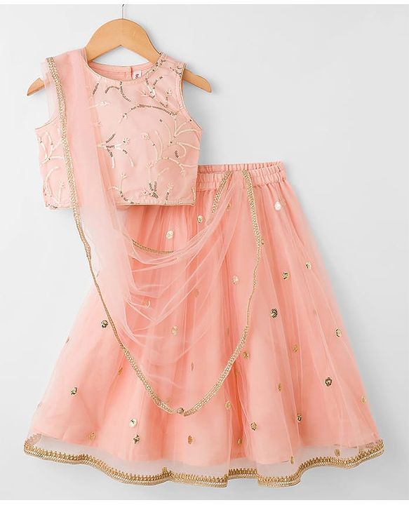 Babyhug Woven Sleeveless Choli Lehenga Set with Dupatta Sequin & Lace Detailing - Peach
