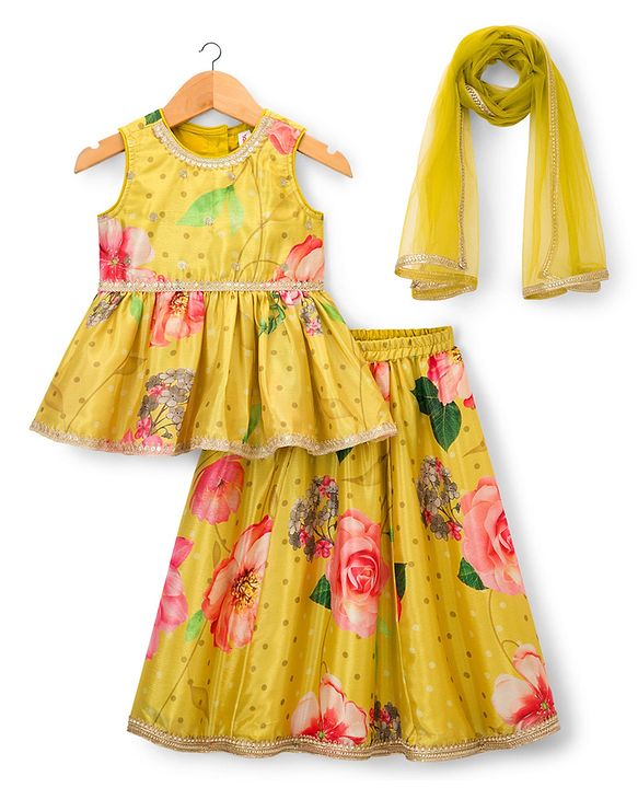 Babyhug Woven Sleeveless Choli Lehenga & Dupatta Set With Digital Printed & Embriodery - Yellow