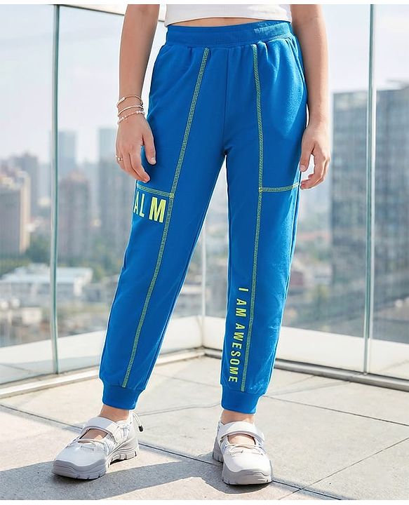 Pine Kids Knit Full Length Lounge Pant With Text Print - Blue