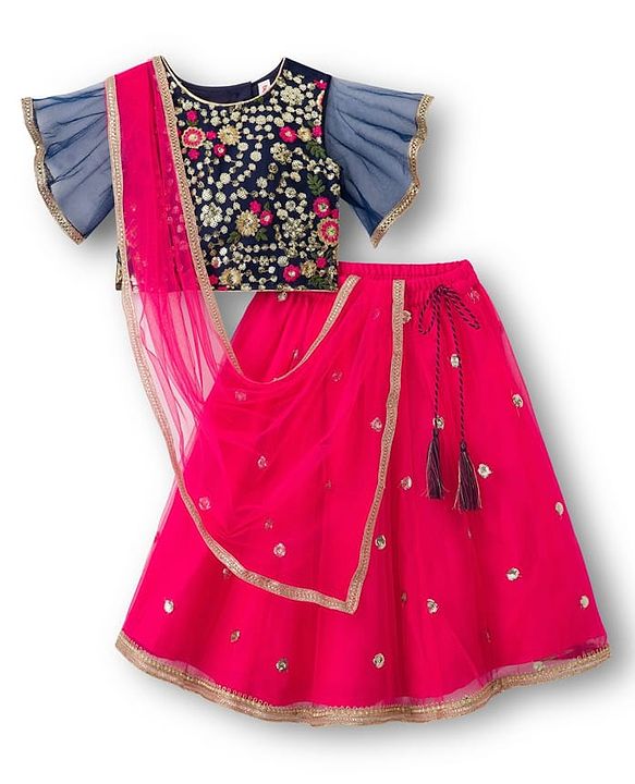 Babyhug Woven Frill Sleeves Choli Lehenga & Dupatta Set With Floral Sequin Detailing & Embroidered - Fuschia