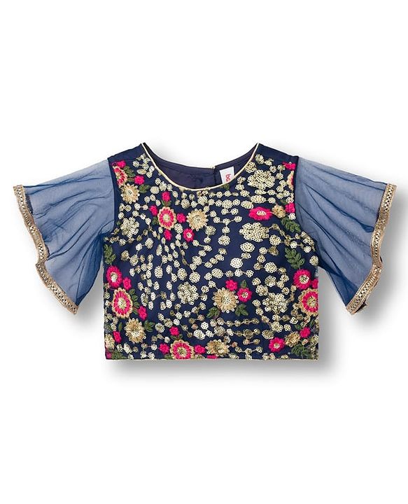 Babyhug Woven Frill Sleeves Choli Lehenga & Dupatta Set With Floral Sequin Detailing & Embroidered - Fuschia