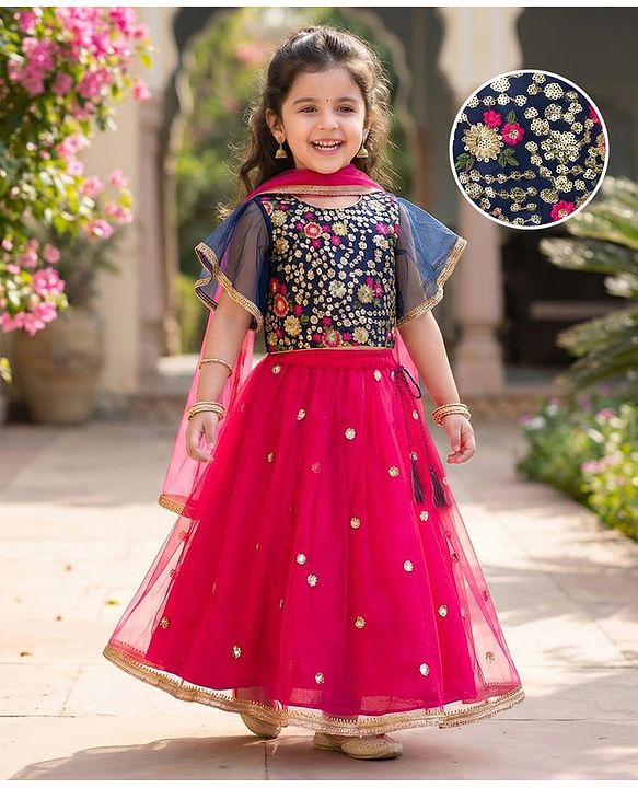 Babyhug Woven Frill Sleeves Choli Lehenga & Dupatta Set With Floral Sequin Detailing & Embroidered - Fuschia