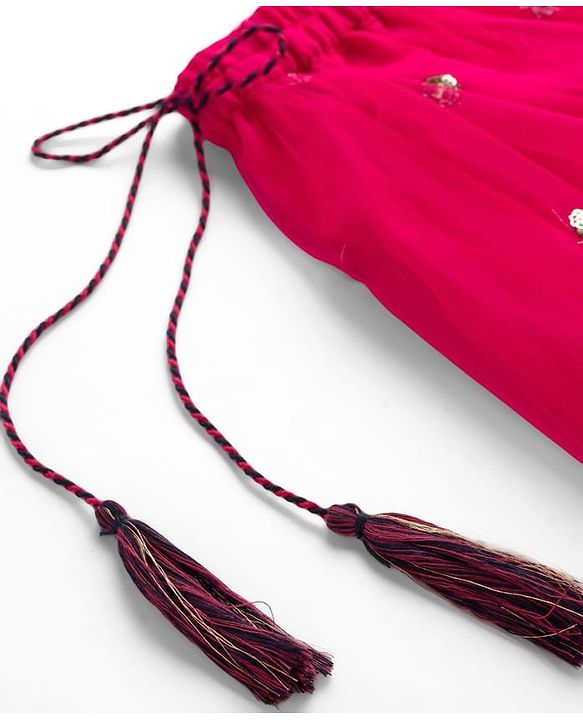 Babyhug Woven Frill Sleeves Choli Lehenga & Dupatta Set With Floral Sequin Detailing & Embroidered - Fuschia