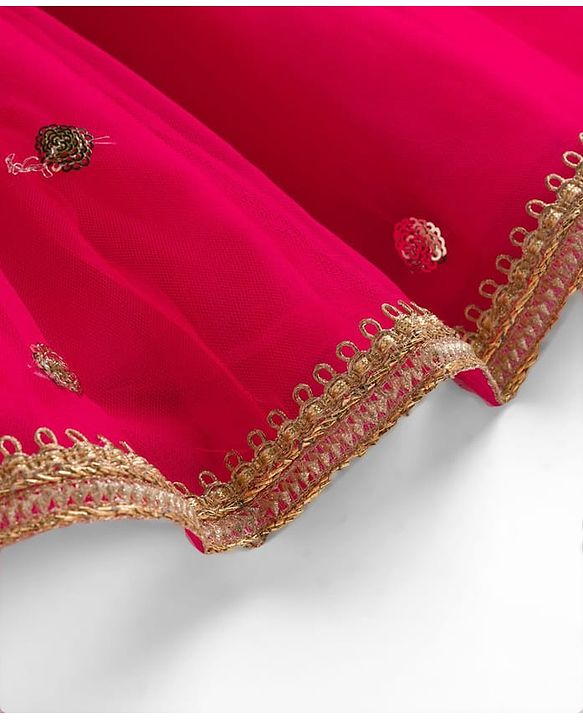 Babyhug Woven Frill Sleeves Choli Lehenga & Dupatta Set With Floral Sequin Detailing & Embroidered - Fuschia