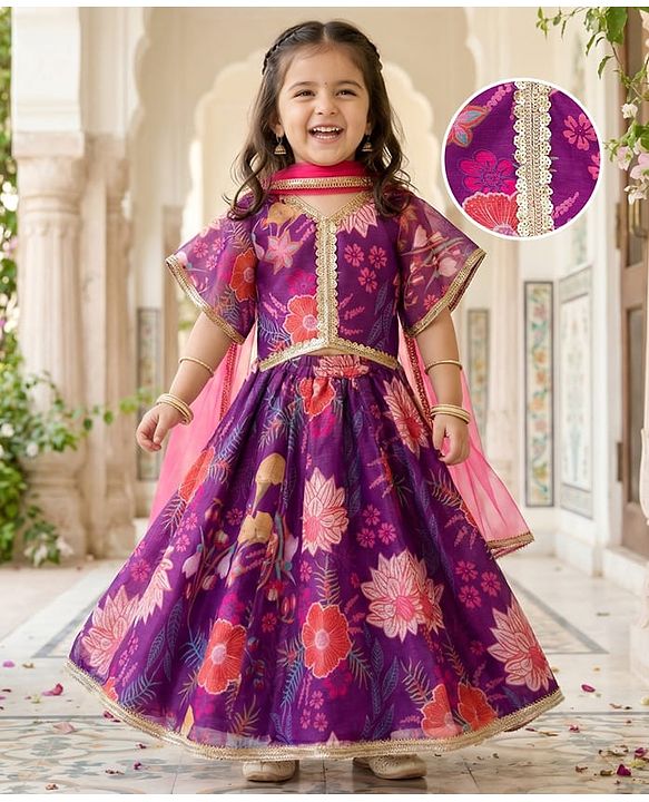 Babyhug Woven Half Sleeves Digital Printed With Embroidered Choli Lehenga & Dupatta Set - Purple