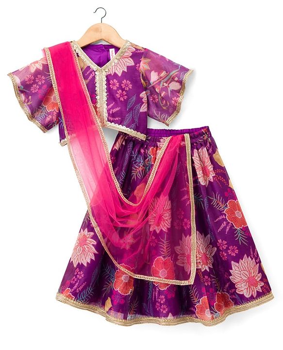 Babyhug Woven Half Sleeves Digital Printed With Embroidered Choli Lehenga & Dupatta Set - Purple
