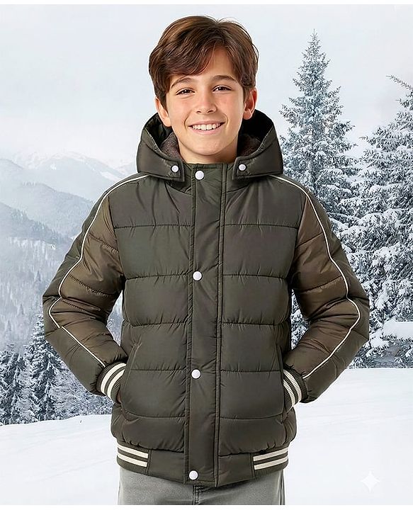 Pine Kids Woven Full Sleeves Hooded Solid Padded Jacket - Olive Green