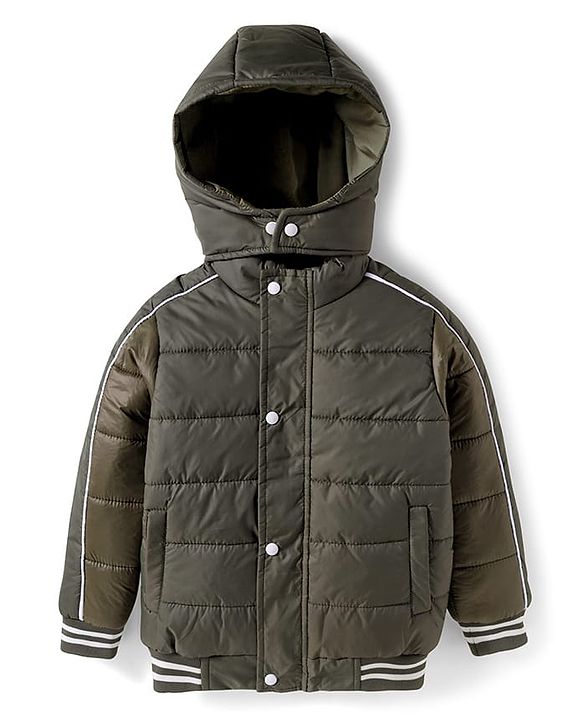 Pine Kids Woven Full Sleeves Hooded Solid Padded Jacket - Olive Green