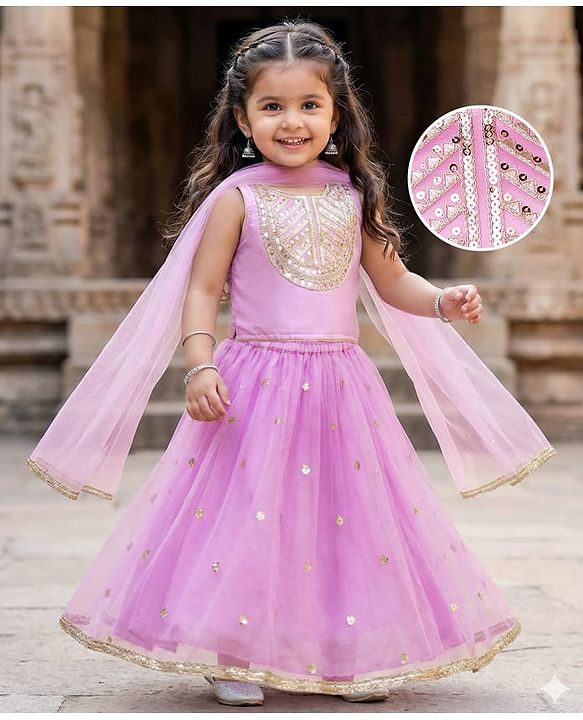 Babyhug Woven Sleeveless Choli Lehenga & Dupatta Set With Sequin Detailing - Lavender
