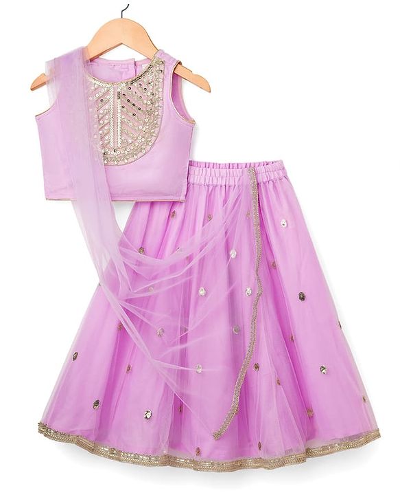 Babyhug Woven Sleeveless Choli Lehenga & Dupatta Set With Sequin Detailing - Lavender