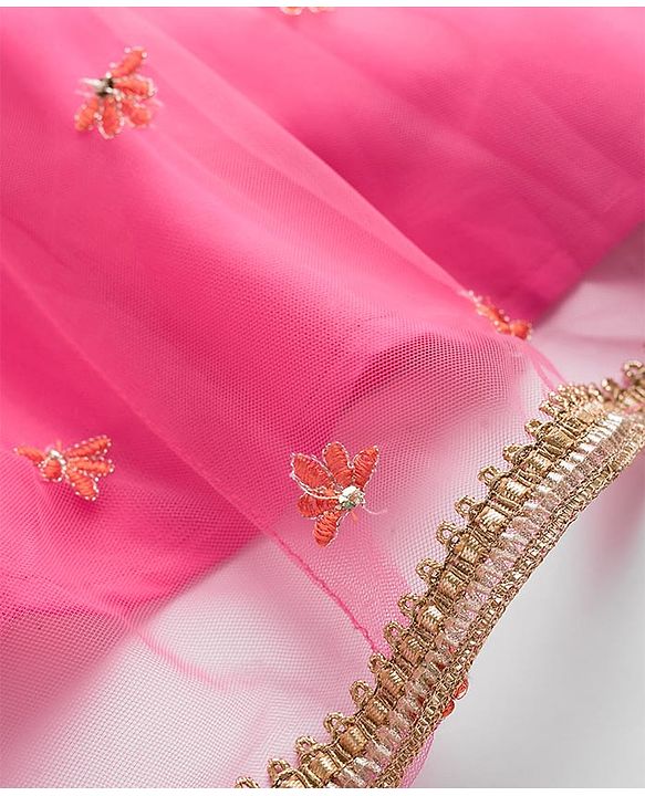Babyhug Net Woven Sleeveless Choli Lehenga Set with Dupatta & Floral Embroidery - Fuchsia