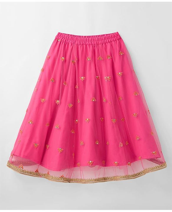 Babyhug Net Woven Sleeveless Choli Lehenga Set with Dupatta & Floral Embroidery - Fuchsia