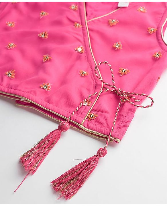 Babyhug Net Woven Sleeveless Choli Lehenga Set with Dupatta & Floral Embroidery - Fuchsia