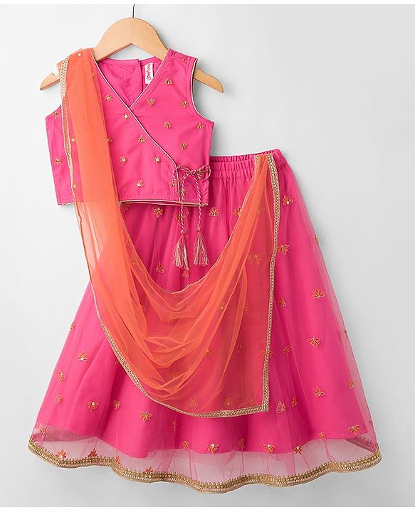 Babyhug Net Woven Sleeveless Choli Lehenga Set with Dupatta & Floral Embroidery - Fuchsia