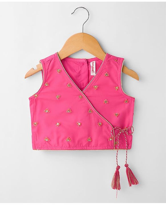 Babyhug Net Woven Sleeveless Choli Lehenga Set with Dupatta & Floral Embroidery - Fuchsia