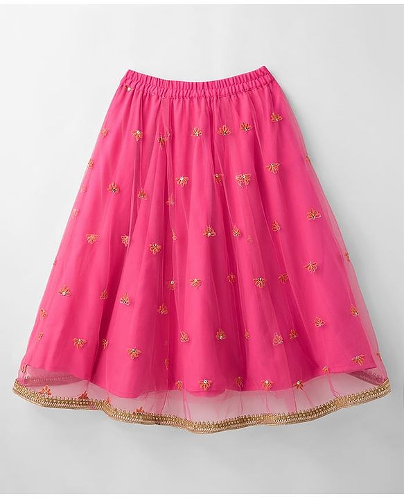 Babyhug Net Woven Sleeveless Choli Lehenga Set with Dupatta & Floral Embroidery - Fuchsia