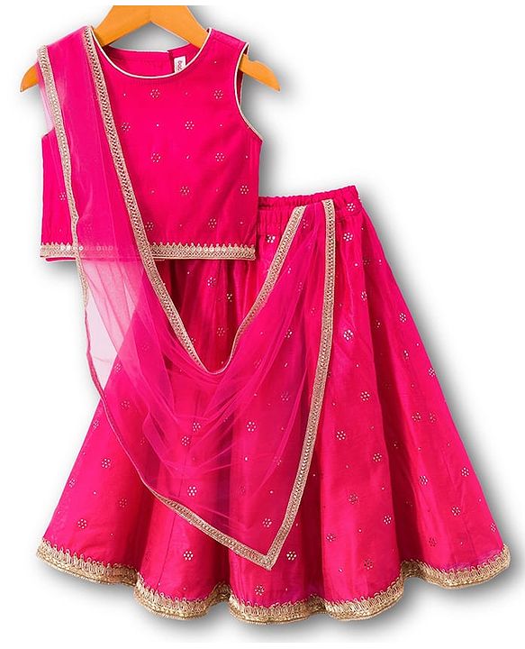 Babyhug Woven Sleeveless Choli Lehenga & Dupatta Set With Foil Print - Fuschia