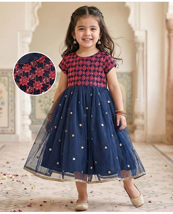 Babyhug Woven Half Sleeves Ethnic Dress with Embroidery & Sequin Detailing - Navy Blue