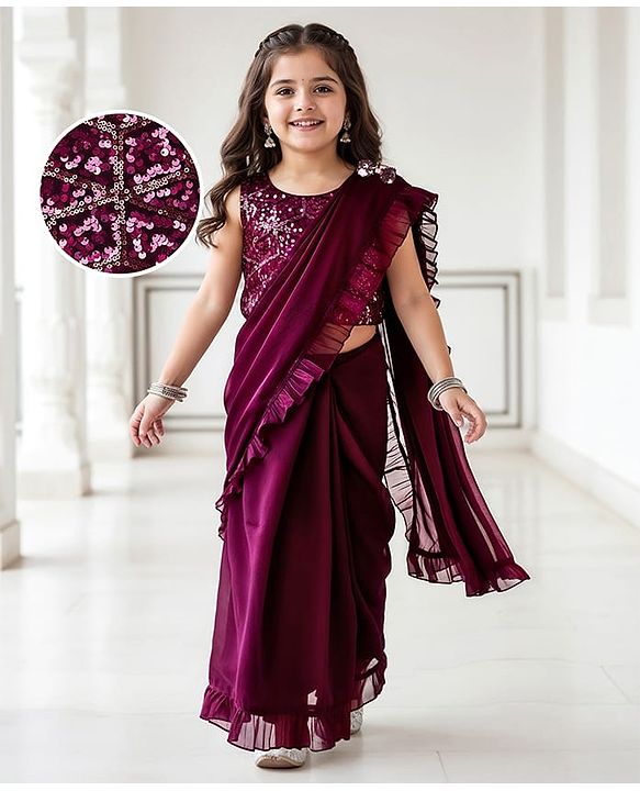 Babyhug Woven Sleeveless Embroidered Blouse With Glass Nylon Solid Saree - Wine