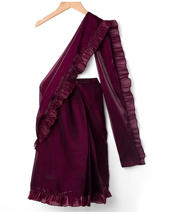 Babyhug Woven Sleeveless Embroidered Blouse With Glass Nylon Solid Saree - Wine