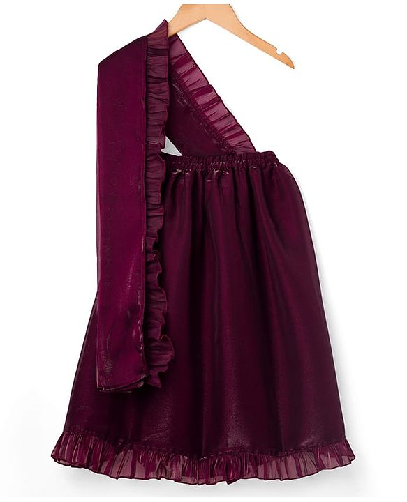 Babyhug Woven Sleeveless Embroidered Blouse With Glass Nylon Solid Saree - Wine