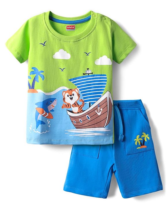 Babyhug Single Jersey Knit Half Sleeves T-Shirt & Shorts Set with Beach Theme Print - Limegreen