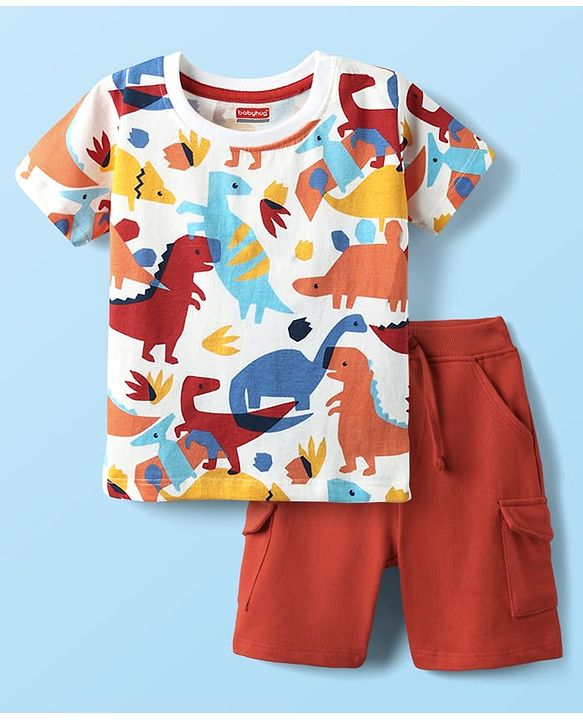 Babyhug Single Jersey Knit Half Sleeves T-Shirt & Shorts Set With Dino Print - White & Red