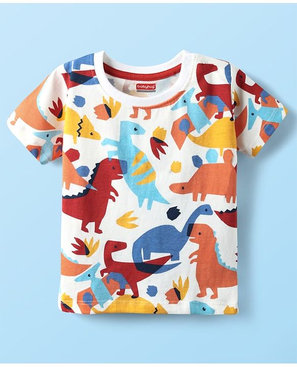 Babyhug Single Jersey Knit Half Sleeves T-Shirt & Shorts Set With Dino Print - White & Red