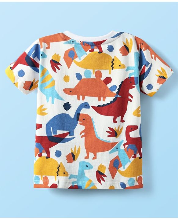 Babyhug Single Jersey Knit Half Sleeves T-Shirt & Shorts Set With Dino Print - White & Red