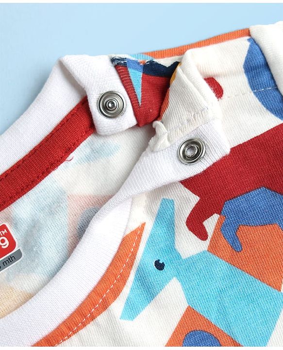 Babyhug Single Jersey Knit Half Sleeves T-Shirt & Shorts Set With Dino Print - White & Red