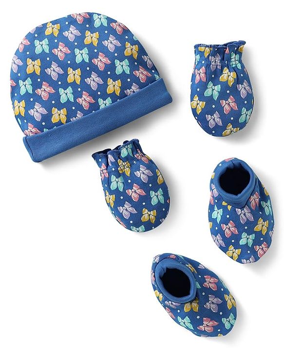 Babyhug 100% Cotton Cap Mittens & Booties Set With Butterfly Print Blue - Diameter 10 cm