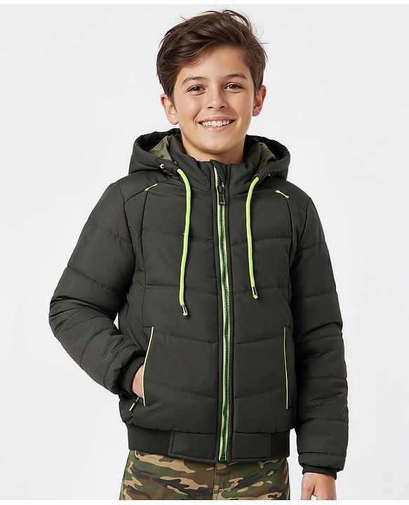 Pine Kids Woven Full Sleeves Hooded Solid Padded Jacket - Olive Green