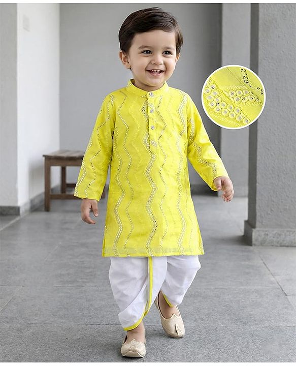 Babyhug Woven Full Sleeves Mirror Work & Embroidery Kurta & Dhoti Set - Yellow