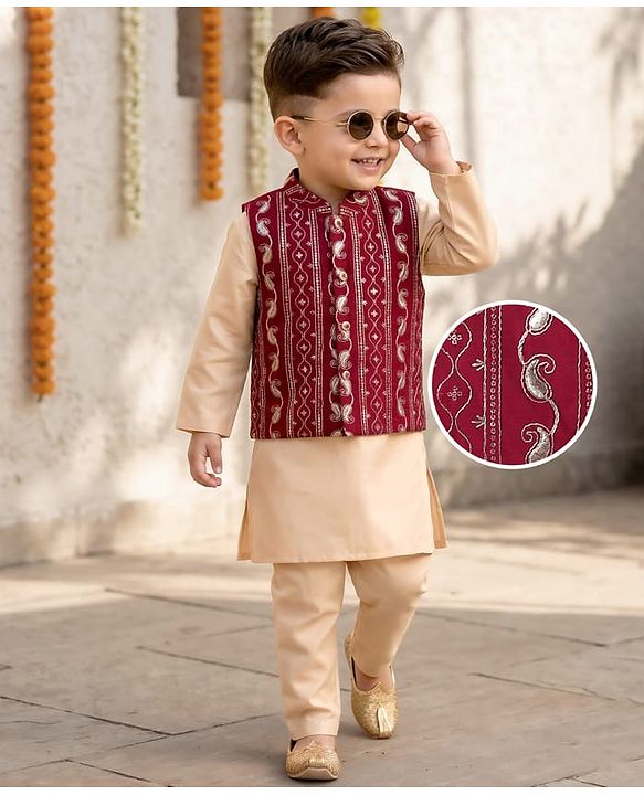 Babyhug Woven Full Length Solid Coloured Kurta Pyjama Set With Embroidery Jacket - Beige & Red