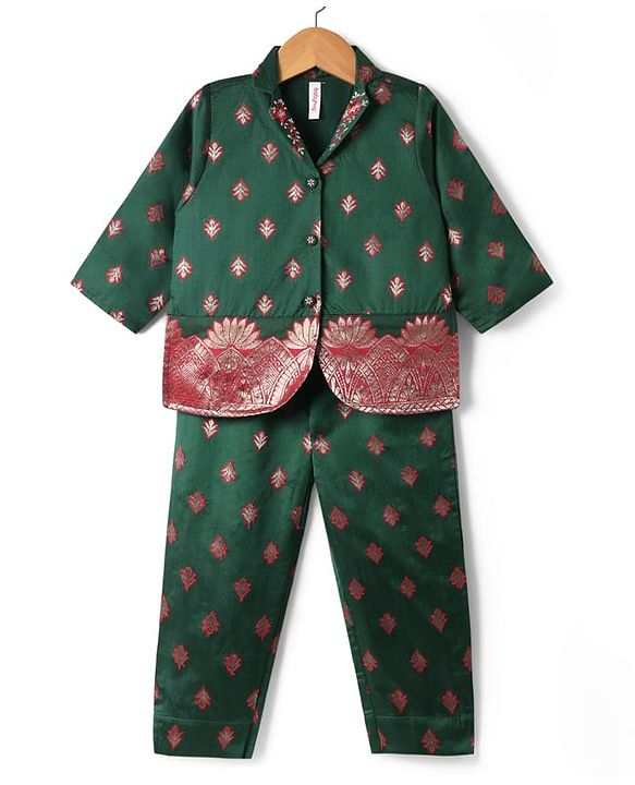 Babyhug Woven Three Forth Sleeve Floral Embroidered Brocade Long Top With Pant Set - Dark Green