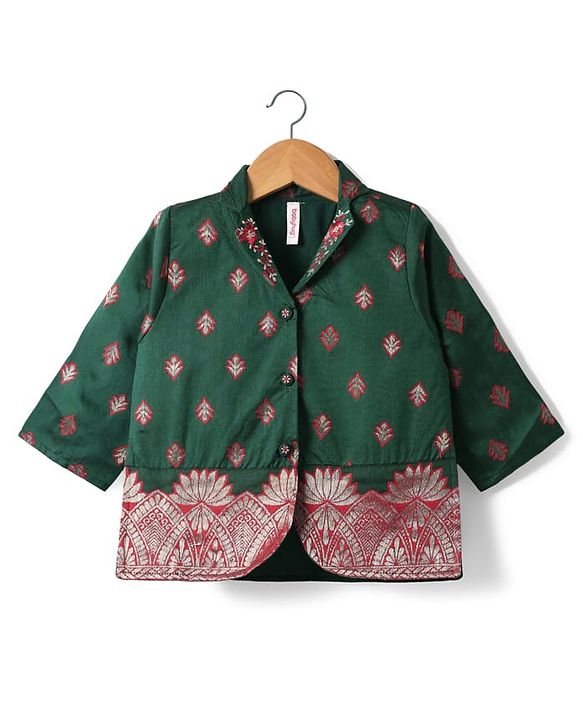 Babyhug Woven Three Forth Sleeve Floral Embroidered Brocade Long Top With Pant Set - Dark Green