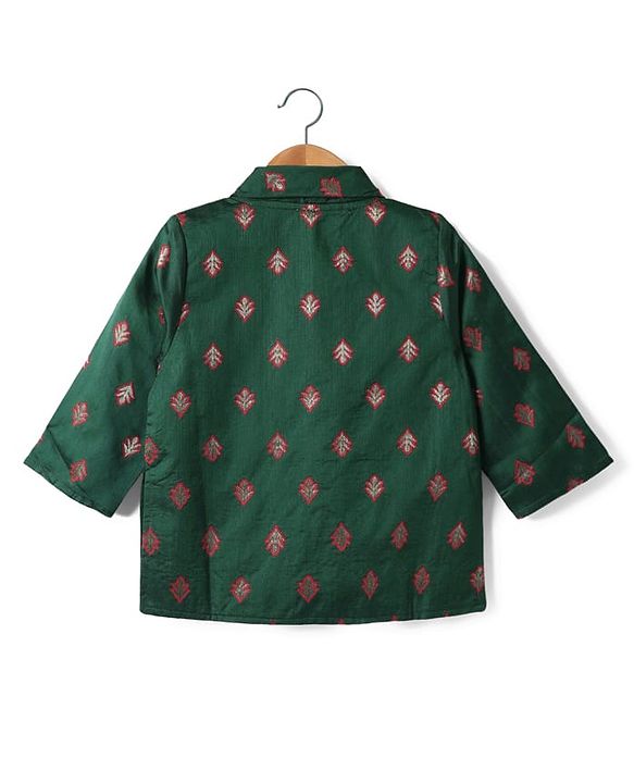 Babyhug Woven Three Forth Sleeve Floral Embroidered Brocade Long Top With Pant Set - Dark Green