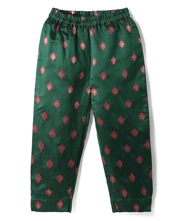 Babyhug Woven Three Forth Sleeve Floral Embroidered Brocade Long Top With Pant Set - Dark Green