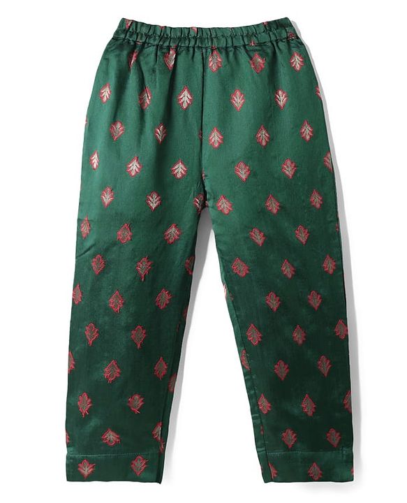 Babyhug Woven Three Forth Sleeve Floral Embroidered Brocade Long Top With Pant Set - Dark Green