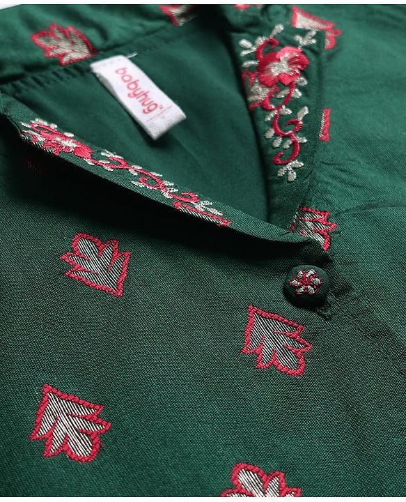 Babyhug Woven Three Forth Sleeve Floral Embroidered Brocade Long Top With Pant Set - Dark Green