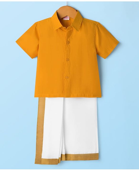 Babyhug Rayon Half Sleeves Solid Color Mundu Set - Yellow