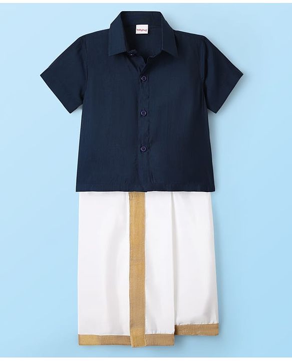 Babyhug Woven Half Sleeves Solid Shirt & Mundu Set - Navy Blue & White