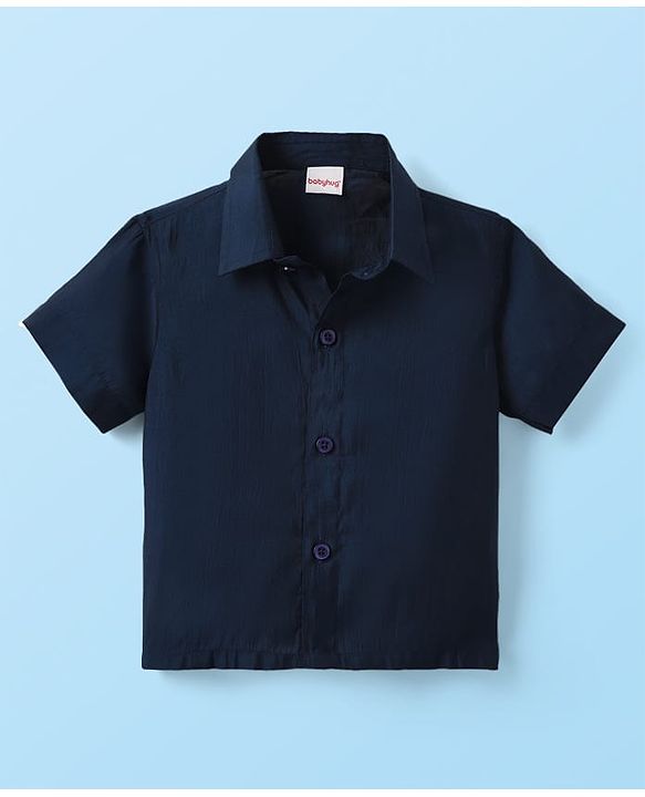 Babyhug Woven Half Sleeves Solid Shirt & Mundu Set - Navy Blue & White