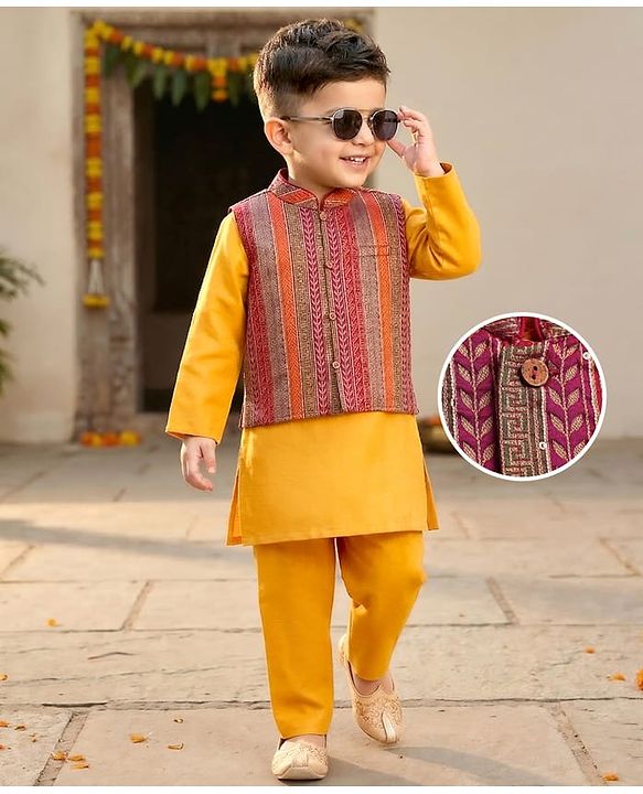 Babyhug Woven Full Sleeves Kurta Pyjama Set With Brocade Jacket - Mustard