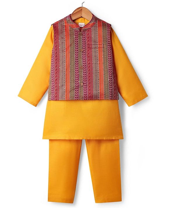 Babyhug Woven Full Sleeves Kurta Pyjama Set With Brocade Jacket - Mustard