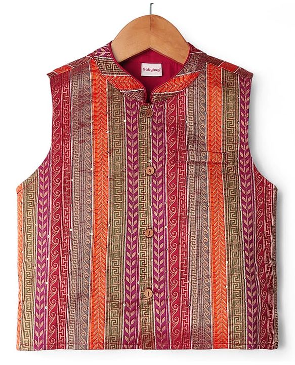 Babyhug Woven Full Sleeves Kurta Pyjama Set With Brocade Jacket - Mustard