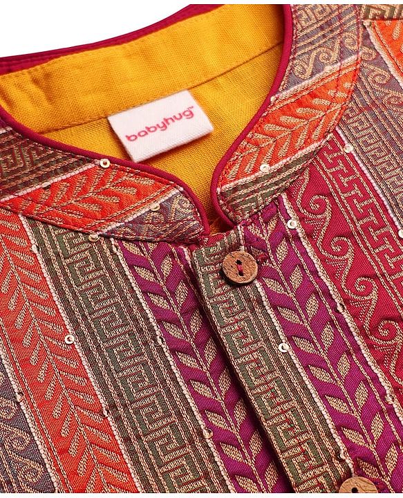 Babyhug Woven Full Sleeves Kurta Pyjama Set With Brocade Jacket - Mustard