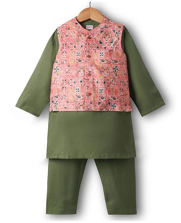 Babyhug Woven Full Sleeves Kurta Pajama Set With Embroidered Jacket - Green