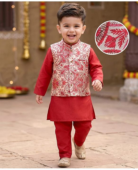 Babyhug Woven Full Length Kurta Pajama Set With Printed Jacket - Red